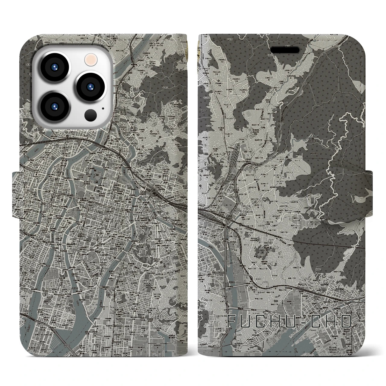 【府中町(広島県)】地図柄iPhoneケース(手帳タイプ)モノトーン・iPhone 13 Pro 用