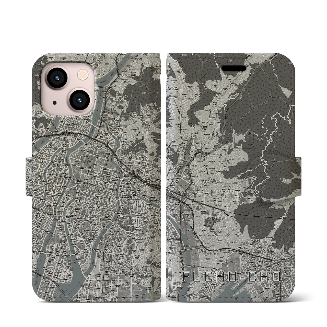 【府中町(広島県)】地図柄iPhoneケース(手帳タイプ)モノトーン・iPhone 13 mini 用