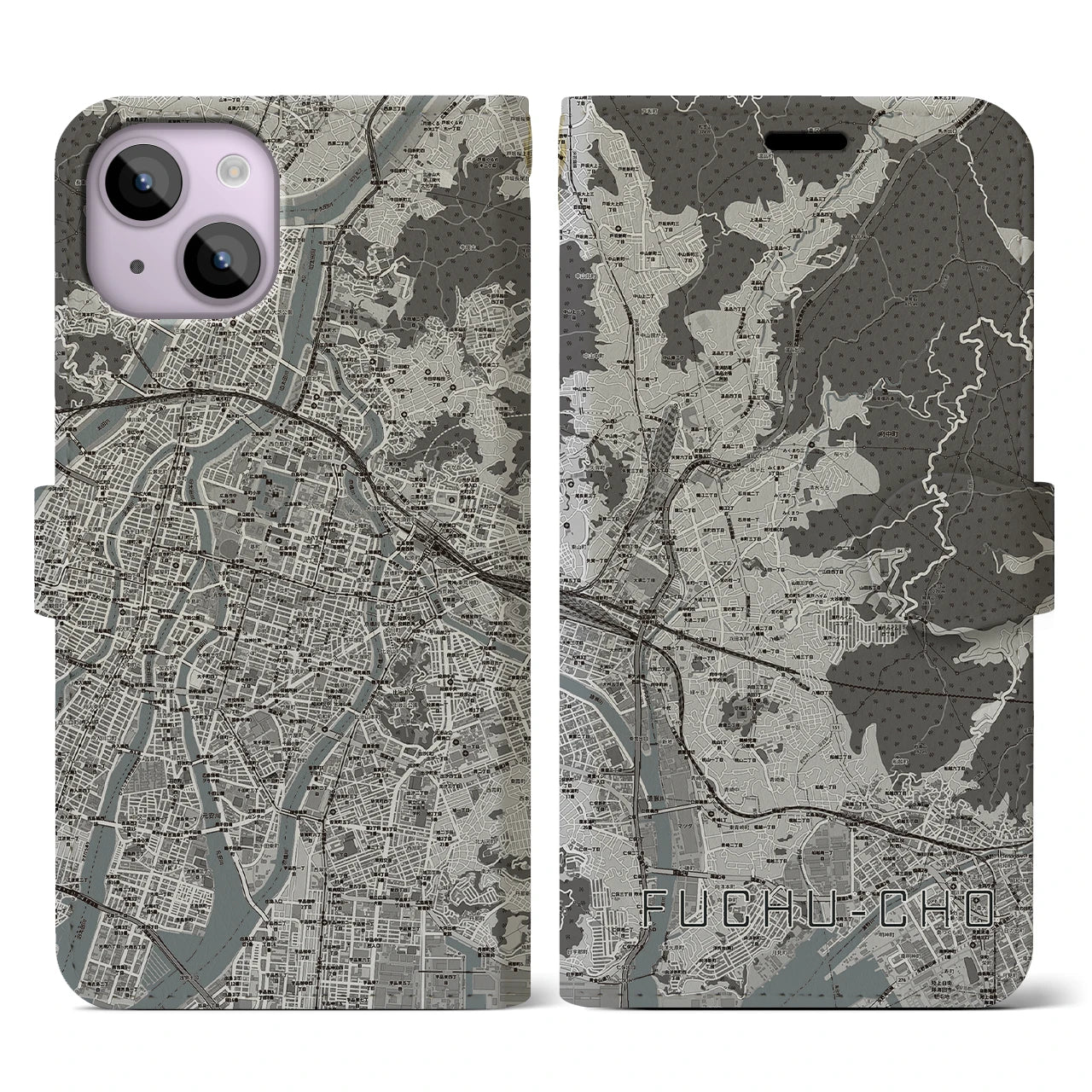 【府中町(広島県)】地図柄iPhoneケース(手帳タイプ)モノトーン・iPhone 14 用