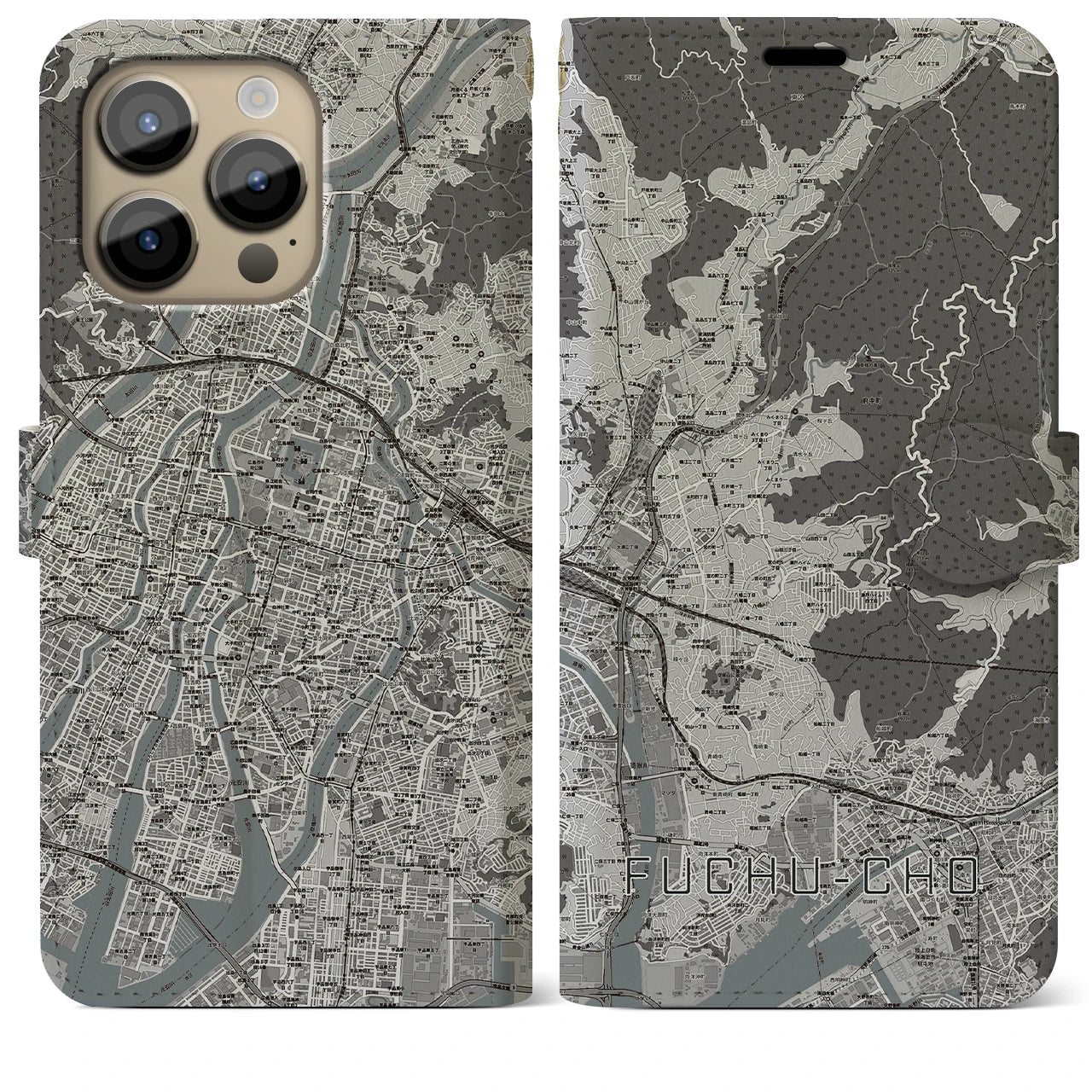 【府中町(広島県)】地図柄iPhoneケース(手帳タイプ)モノトーン・iPhone 14 Pro Max 用