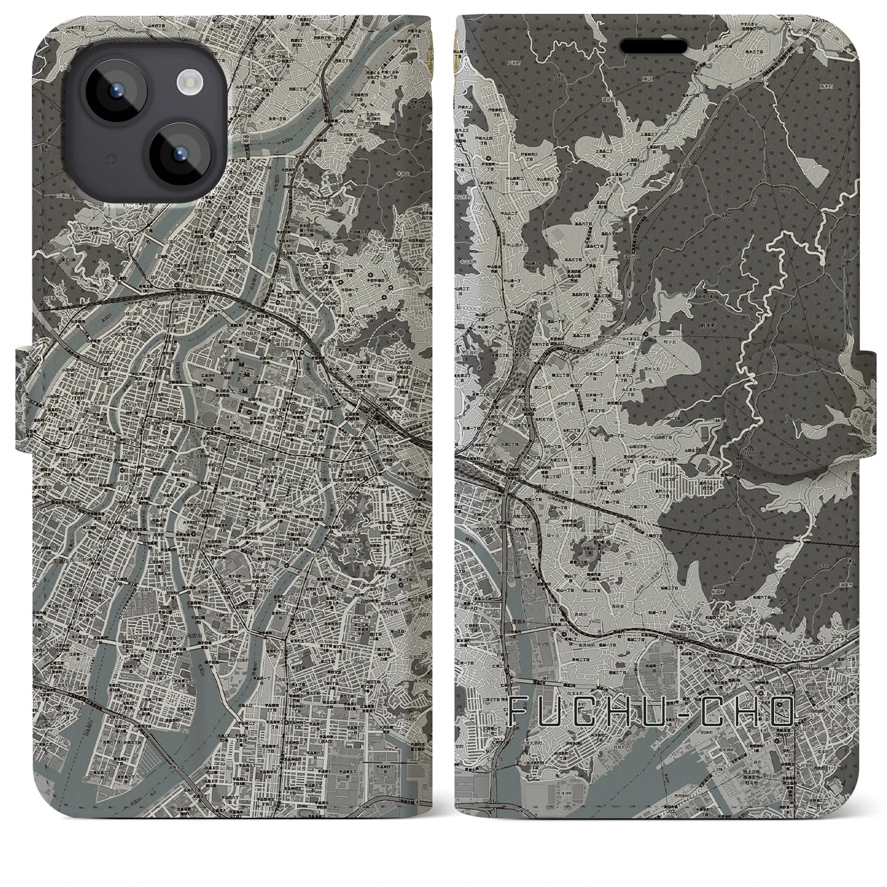 【府中町(広島県)】地図柄iPhoneケース(手帳タイプ)モノトーン・iPhone 14 Plus 用