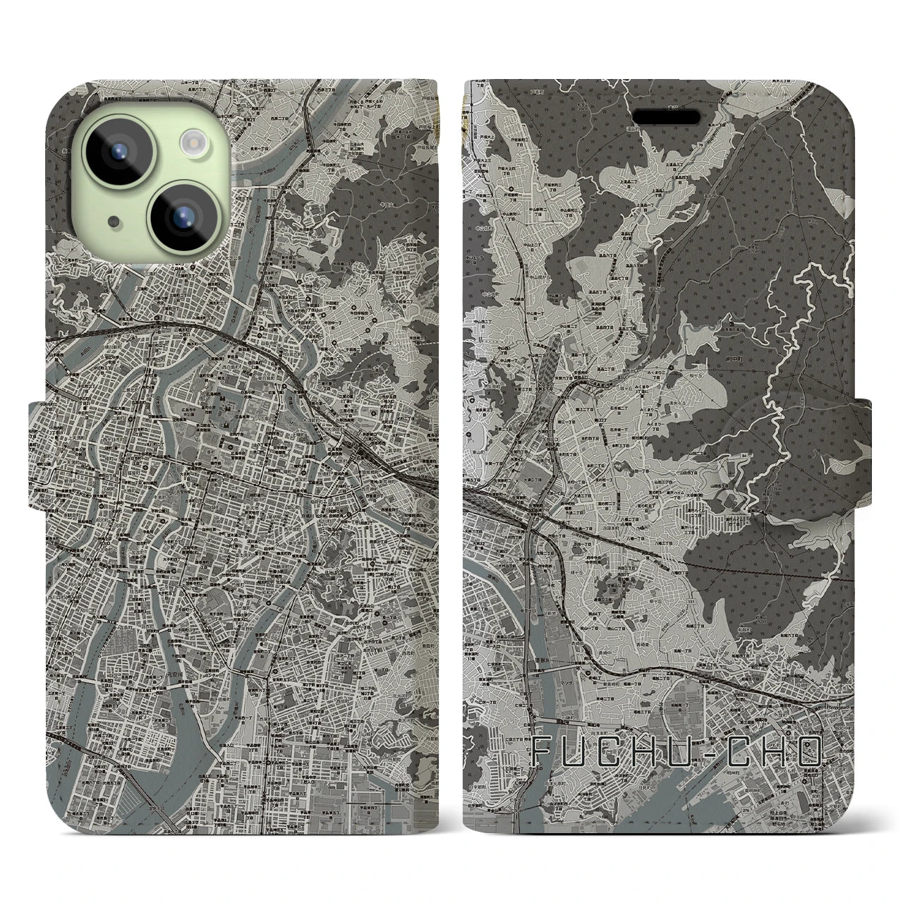 【府中町(広島県)】地図柄iPhoneケース(手帳タイプ)モノトーン・iPhone 15 用