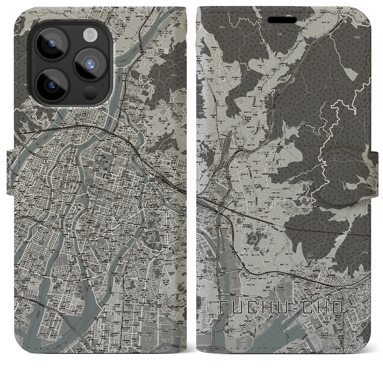 【府中町(広島県)】地図柄iPhoneケース(手帳タイプ)モノトーン・iPhone 15 Pro Max 用