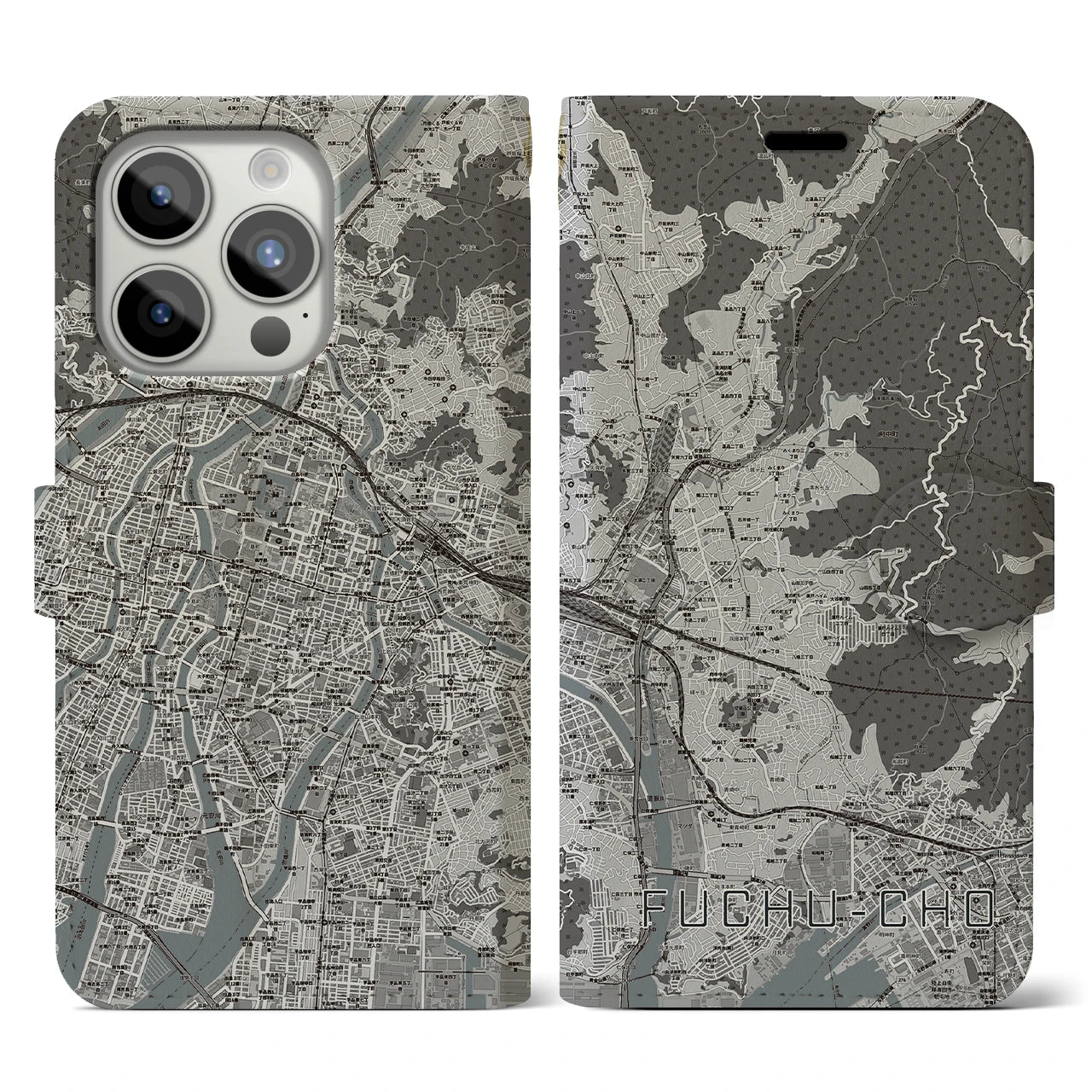 【府中町(広島県)】地図柄iPhoneケース(手帳タイプ)モノトーン・iPhone 15 Pro 用