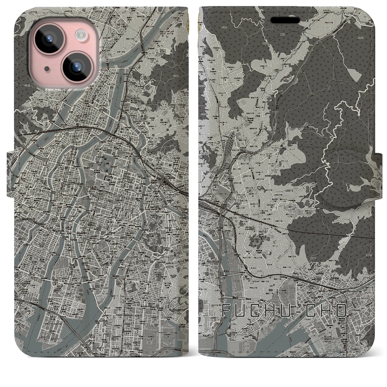 【府中町(広島県)】地図柄iPhoneケース(手帳タイプ)モノトーン・iPhone 15 Plus 用