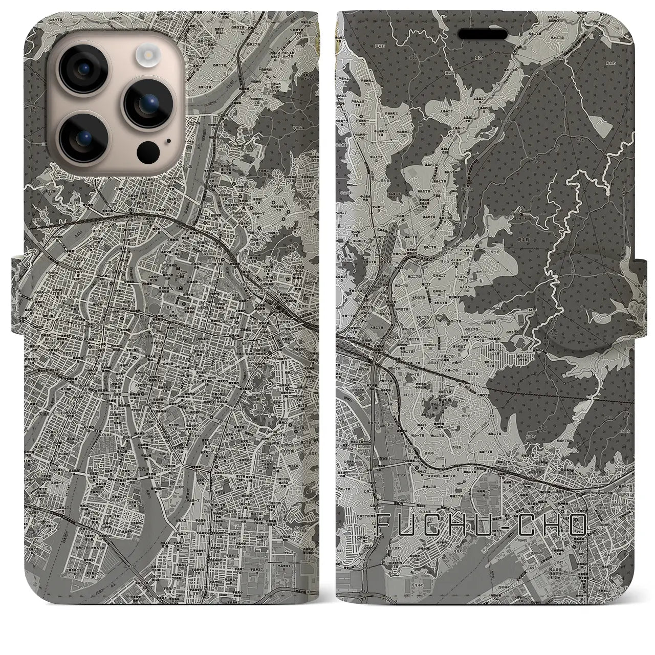 【府中町(広島県)】地図柄iPhoneケース(手帳タイプ)モノトーン・iPhone 16 Plus 用