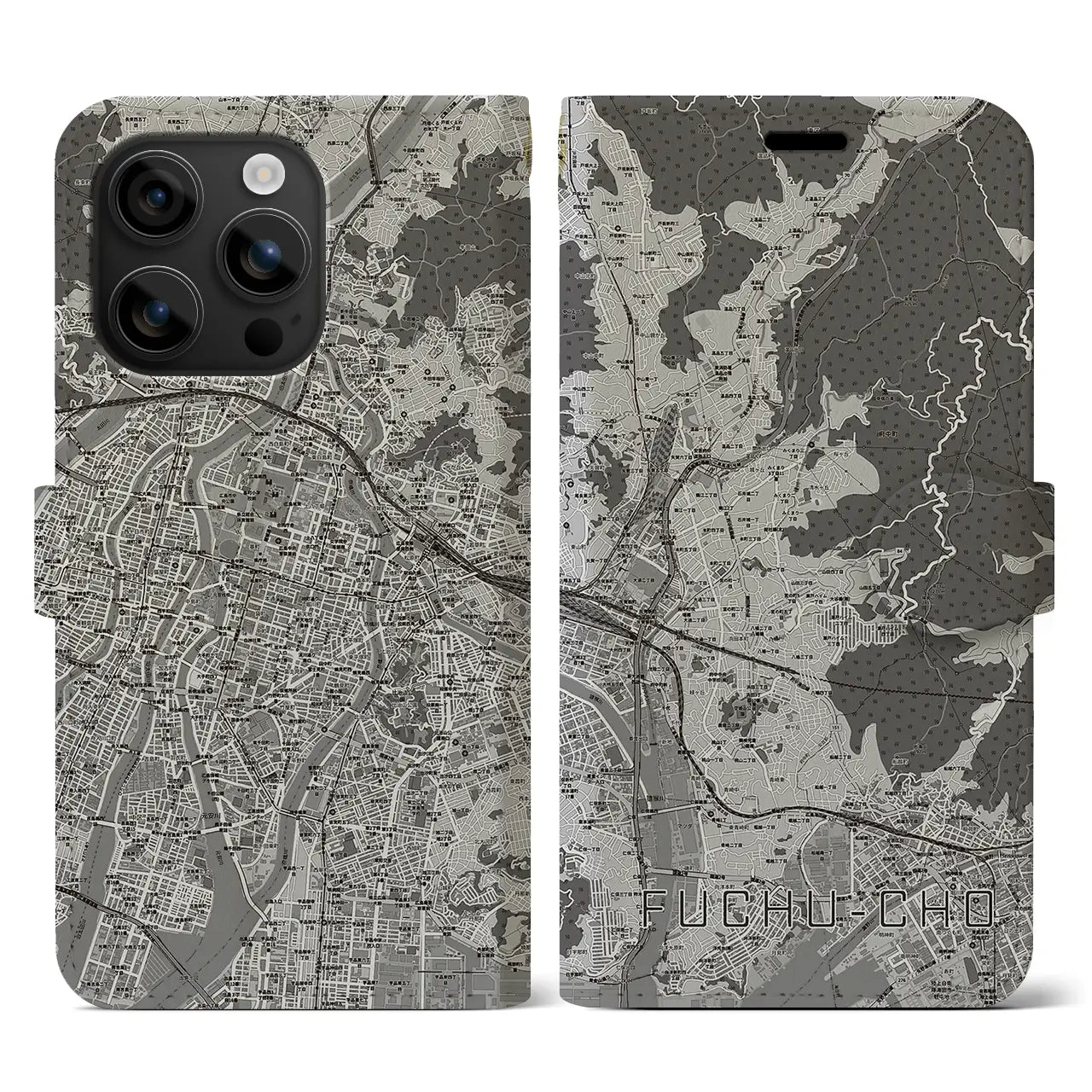 【府中町(広島県)】地図柄iPhoneケース(手帳タイプ)モノトーン・iPhone 16 用