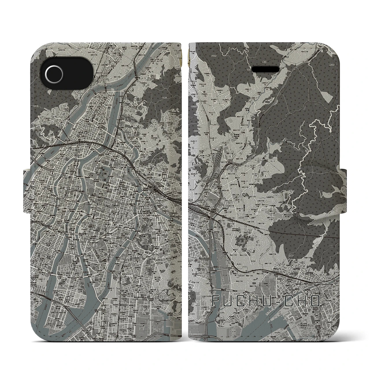 【府中町(広島県)】地図柄iPhoneケース(手帳タイプ)モノトーン・iPhone SE(第3 / 第2世代) / 8 / 7 / 6s / 6 用
