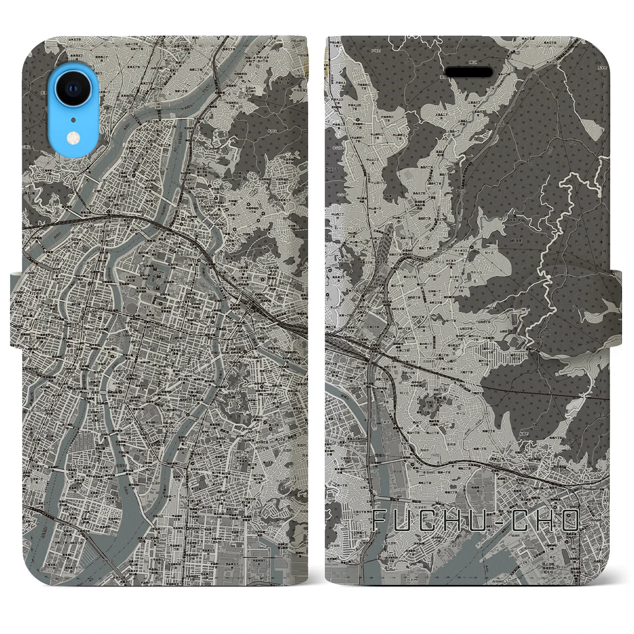 【府中町(広島県)】地図柄iPhoneケース(手帳タイプ)モノトーン・iPhone XR 用