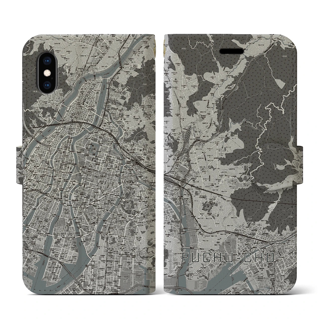 【府中町(広島県)】地図柄iPhoneケース(手帳タイプ)モノトーン・iPhone XS / X 用