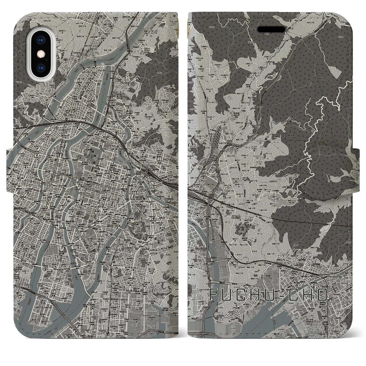 【府中町(広島県)】地図柄iPhoneケース(手帳タイプ)モノトーン・iPhone XS Max 用