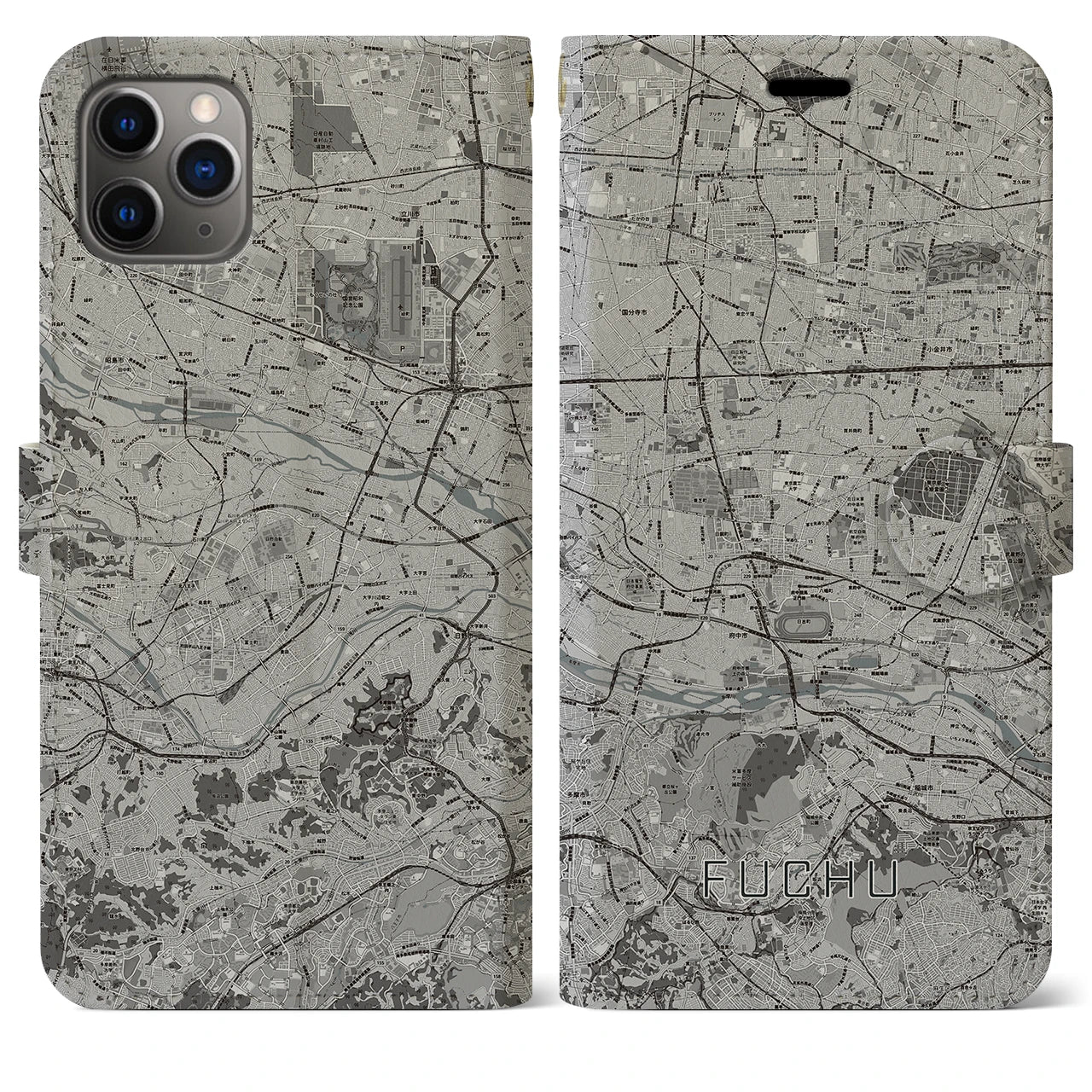 【府中2(東京都)】地図柄iPhoneケース(手帳タイプ)モノトーン・iPhone 11 Pro Max 用