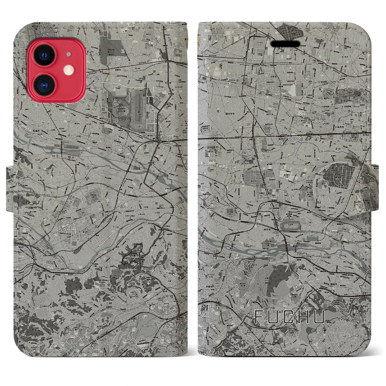 【府中2(東京都)】地図柄iPhoneケース(手帳タイプ)モノトーン・iPhone 11 用