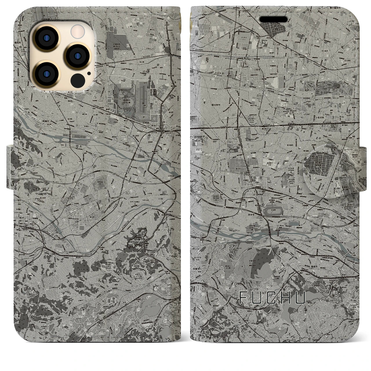 【府中2(東京都)】地図柄iPhoneケース(手帳タイプ)モノトーン・iPhone 12 Pro Max 用