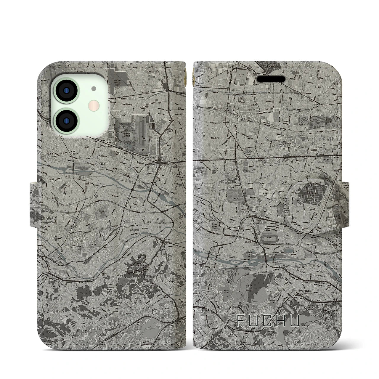 【府中2(東京都)】地図柄iPhoneケース(手帳タイプ)モノトーン・iPhone 12 mini 用