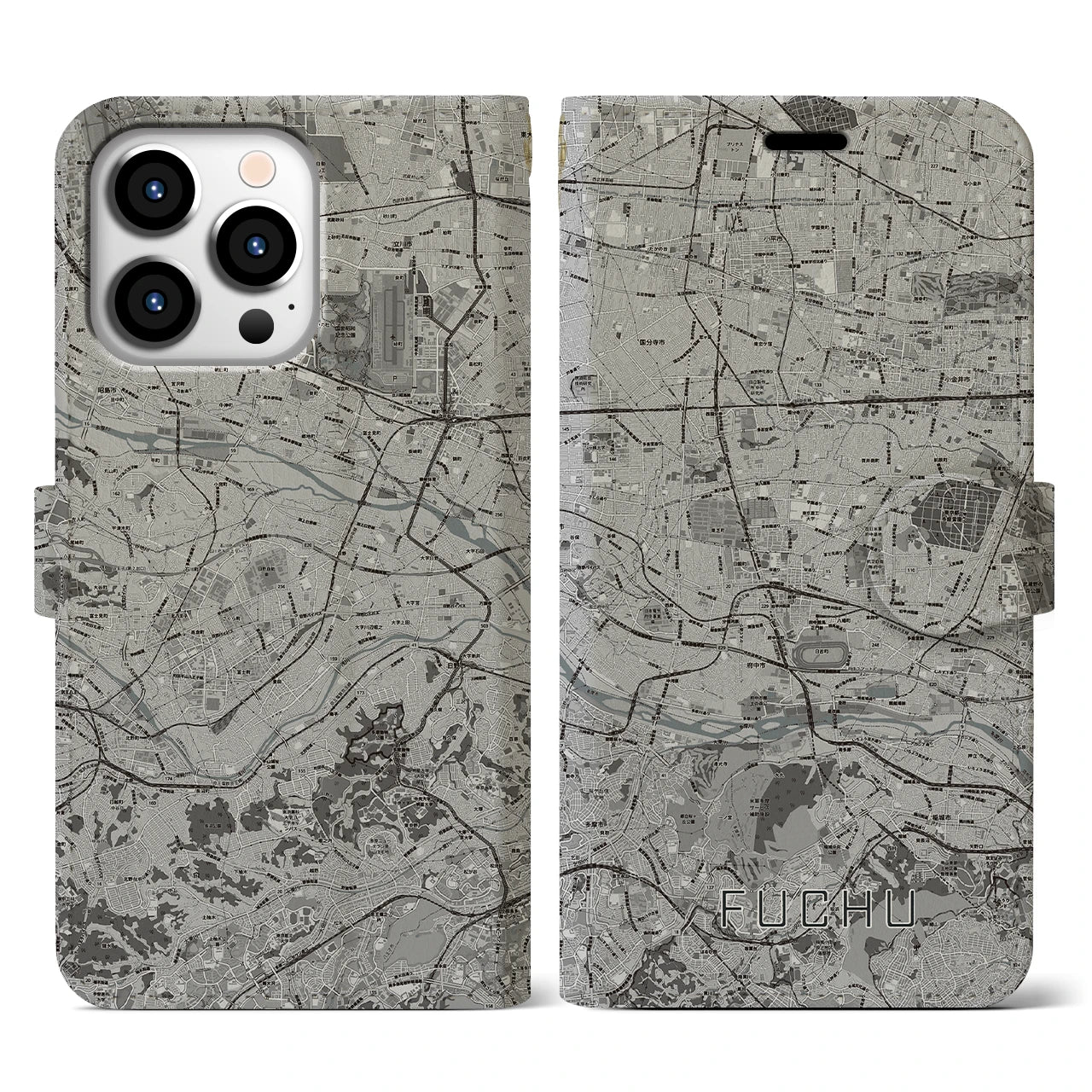 【府中2(東京都)】地図柄iPhoneケース(手帳タイプ)モノトーン・iPhone 13 Pro 用