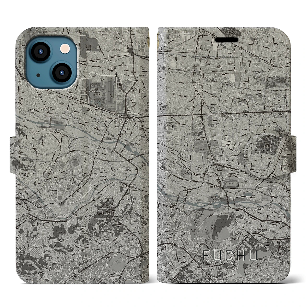 【府中2(東京都)】地図柄iPhoneケース(手帳タイプ)モノトーン・iPhone 13 用