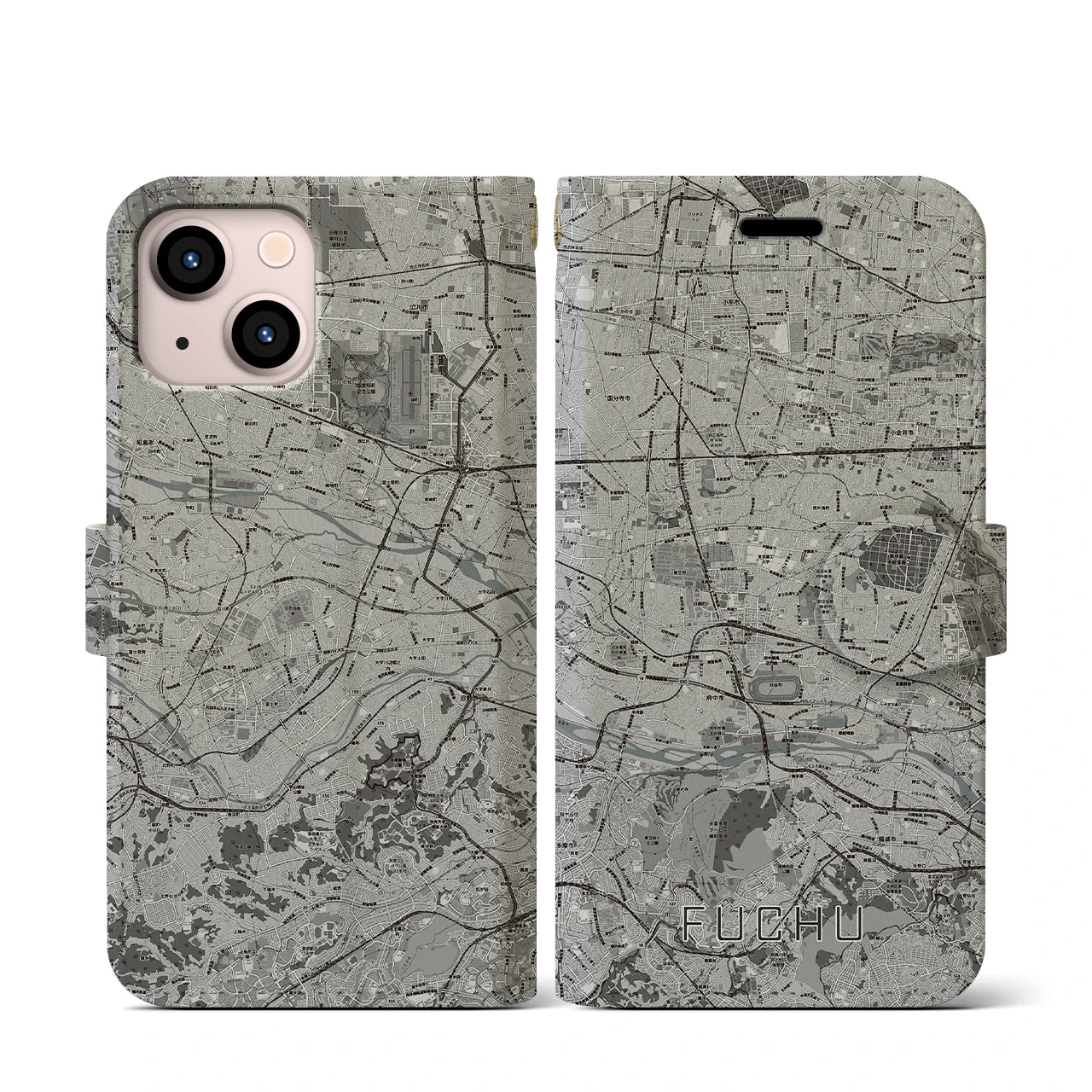 【府中2(東京都)】地図柄iPhoneケース(手帳タイプ)モノトーン・iPhone 13 mini 用