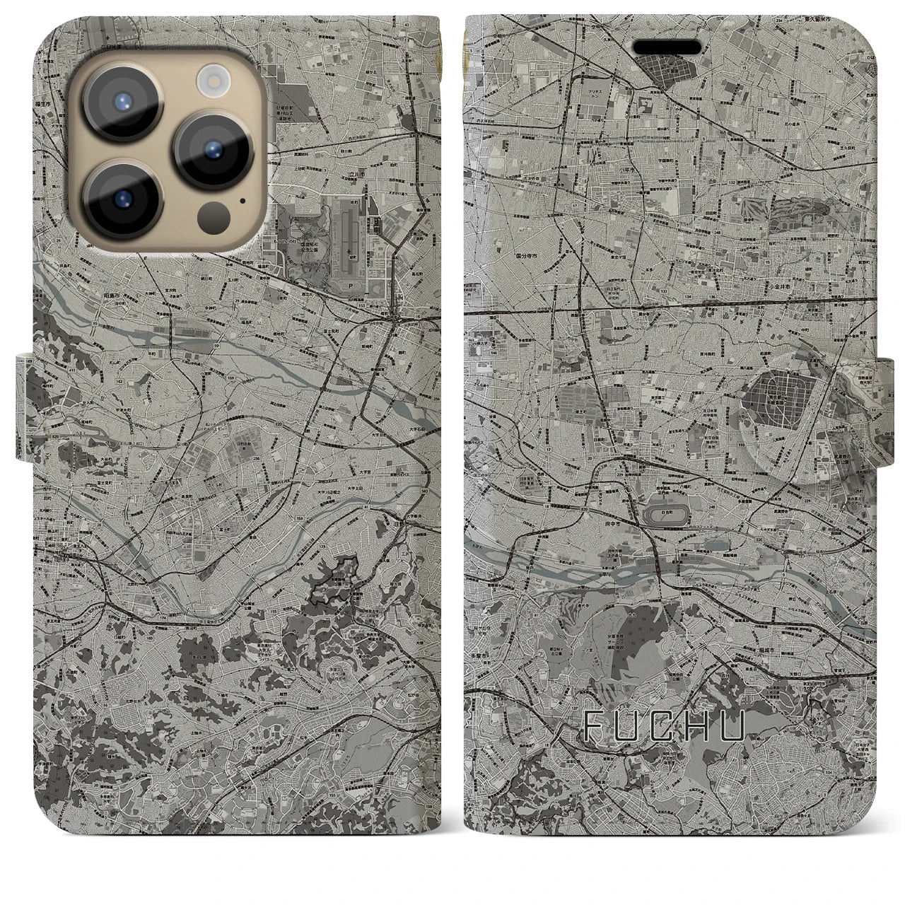【府中2(東京都)】地図柄iPhoneケース(手帳タイプ)モノトーン・iPhone 14 Pro Max 用