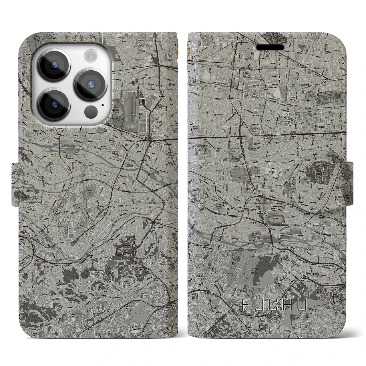 【府中2(東京都)】地図柄iPhoneケース(手帳タイプ)モノトーン・iPhone 14 Pro 用