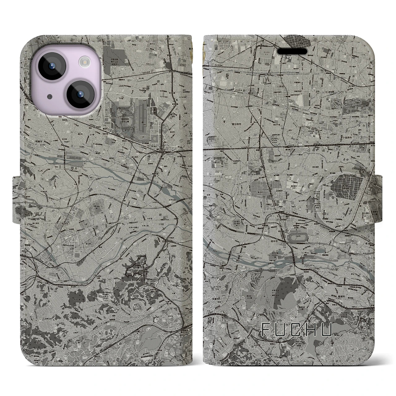 【府中2(東京都)】地図柄iPhoneケース(手帳タイプ)モノトーン・iPhone 14 用