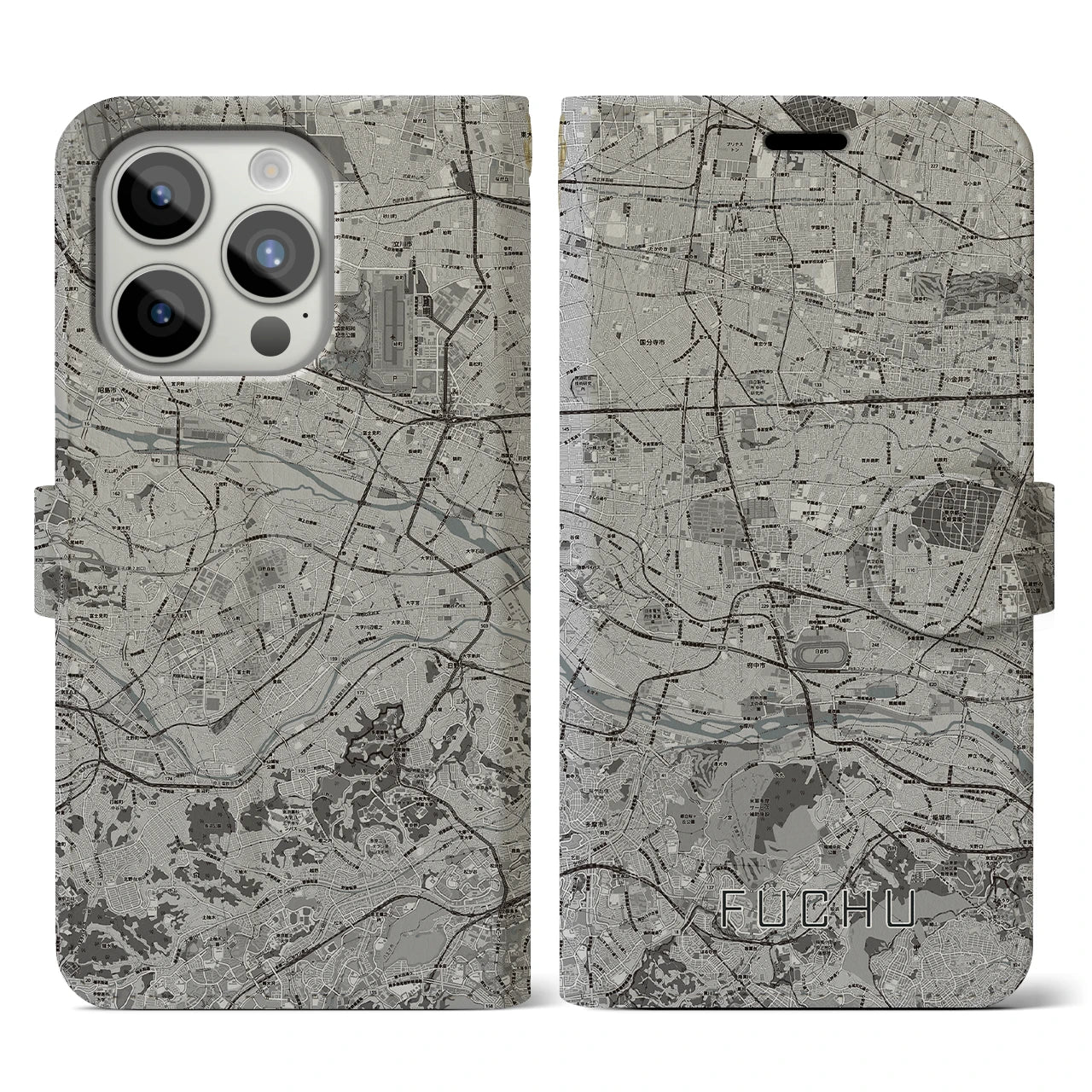 【府中2(東京都)】地図柄iPhoneケース(手帳タイプ)モノトーン・iPhone 15 Pro 用