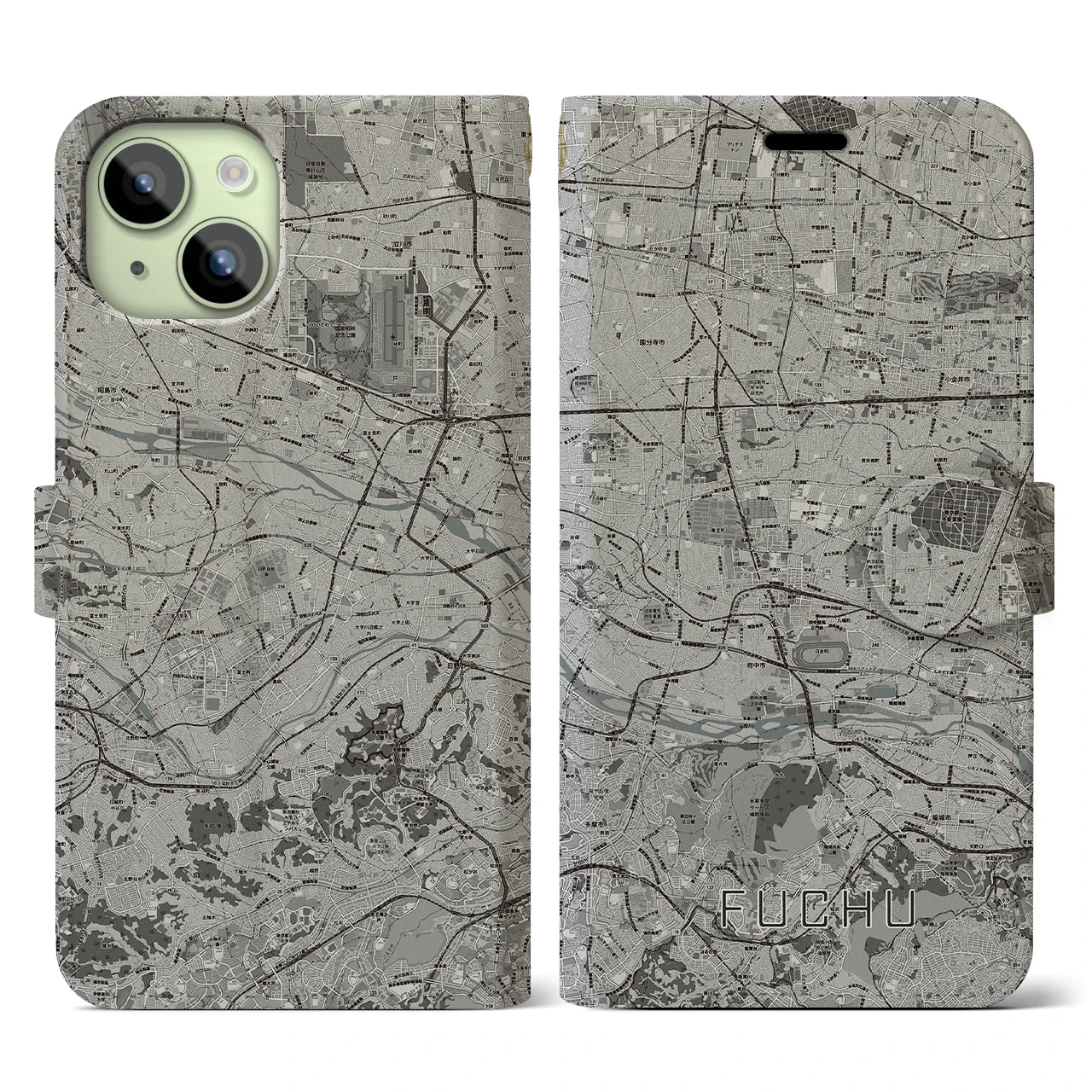 【府中2(東京都)】地図柄iPhoneケース(手帳タイプ)モノトーン・iPhone 15 用