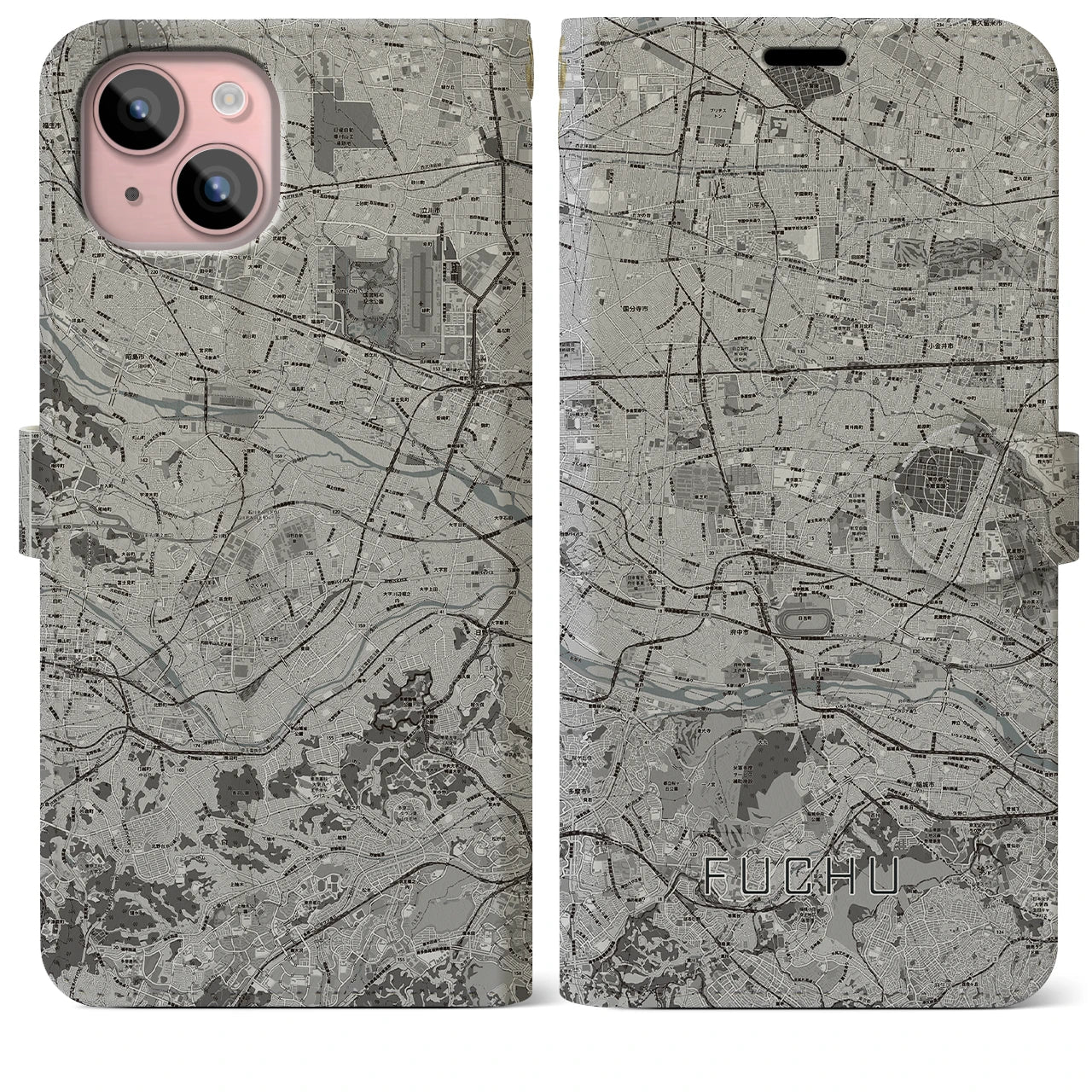 【府中2(東京都)】地図柄iPhoneケース(手帳タイプ)モノトーン・iPhone 15 Plus 用