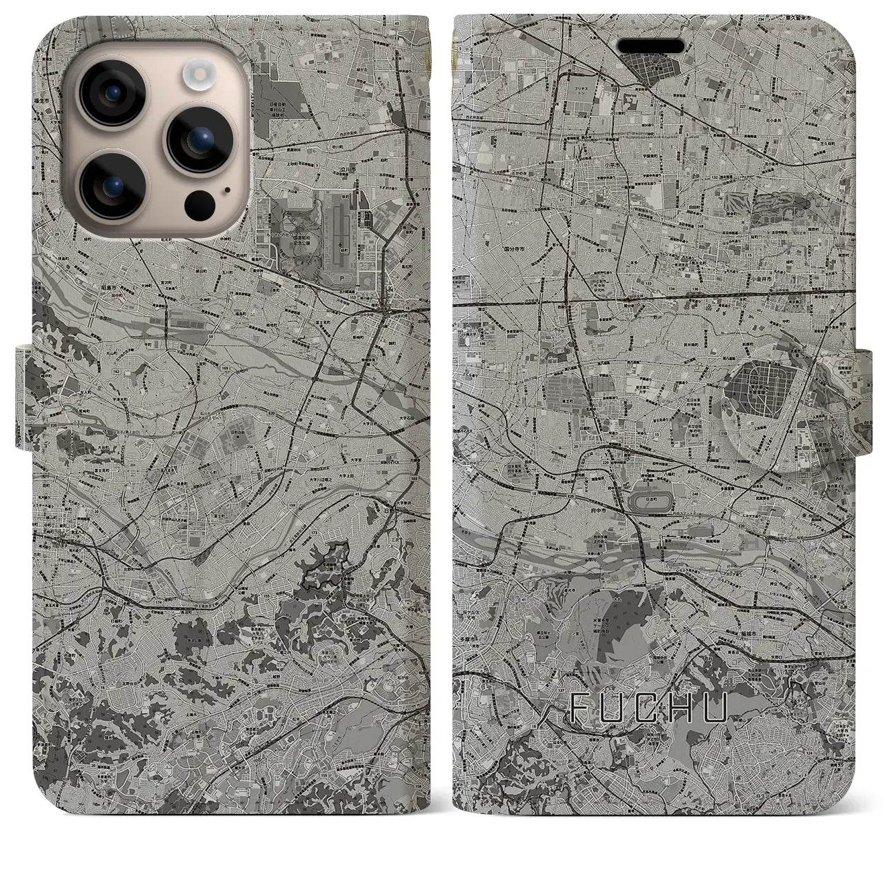 【府中2(東京都)】地図柄iPhoneケース(手帳タイプ)モノトーン・iPhone 16 Plus 用