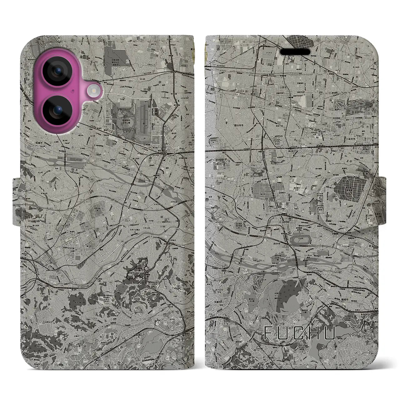 【府中2(東京都)】地図柄iPhoneケース(手帳タイプ)モノトーン・iPhone 16 Pro 用