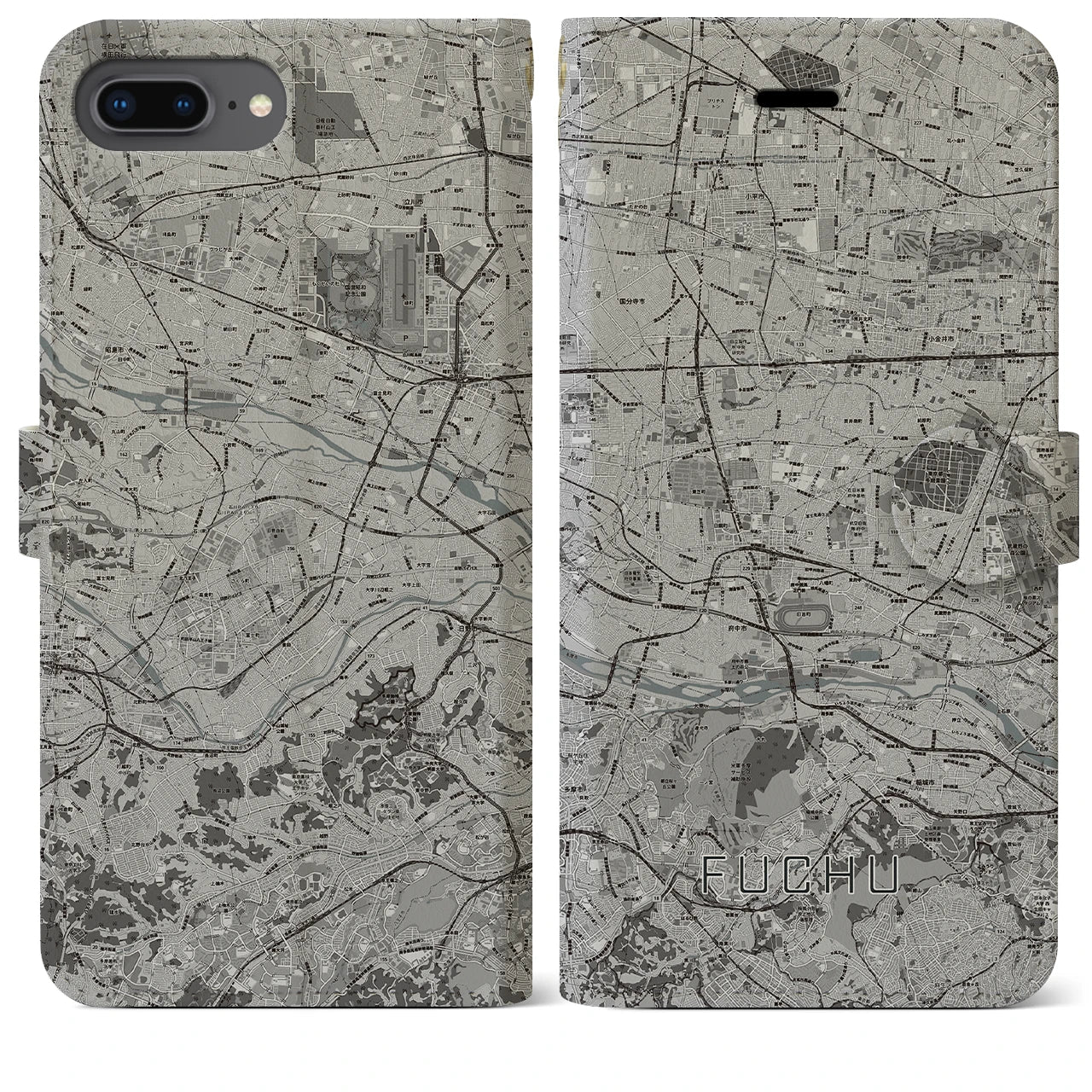 【府中2(東京都)】地図柄iPhoneケース(手帳タイプ)モノトーン・iPhone 8Plus /7Plus / 6sPlus / 6Plus 用