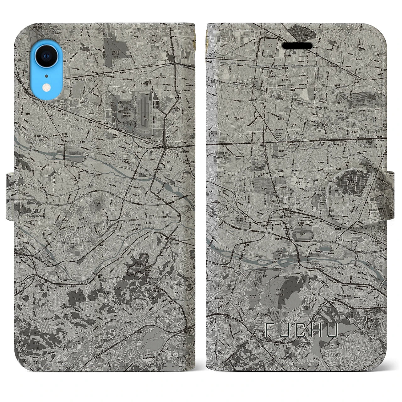 【府中2(東京都)】地図柄iPhoneケース(手帳タイプ)モノトーン・iPhone XR 用