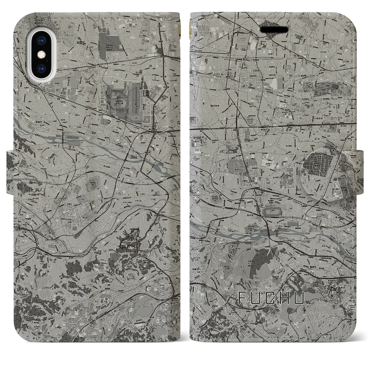 【府中2(東京都)】地図柄iPhoneケース(手帳タイプ)モノトーン・iPhone XS Max 用