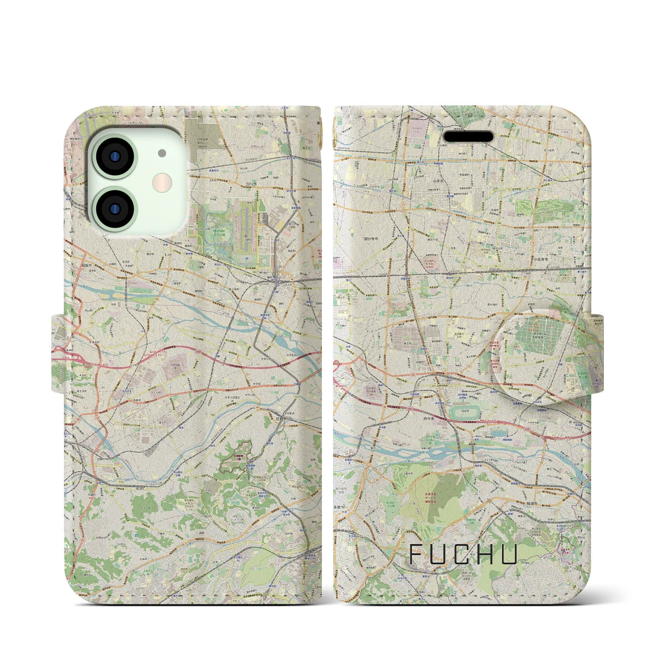 【府中2(東京都)】地図柄iPhoneケース(手帳タイプ)ナチュラル・iPhone 12 mini 用