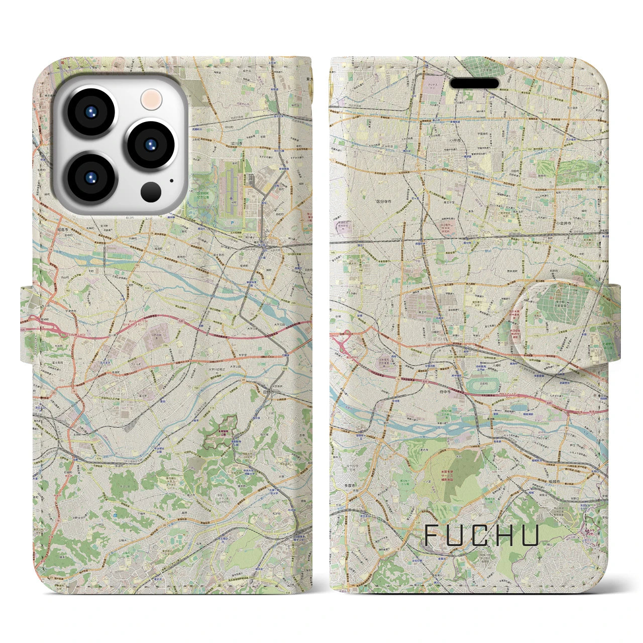 【府中2(東京都)】地図柄iPhoneケース(手帳タイプ)ナチュラル・iPhone 13 Pro 用