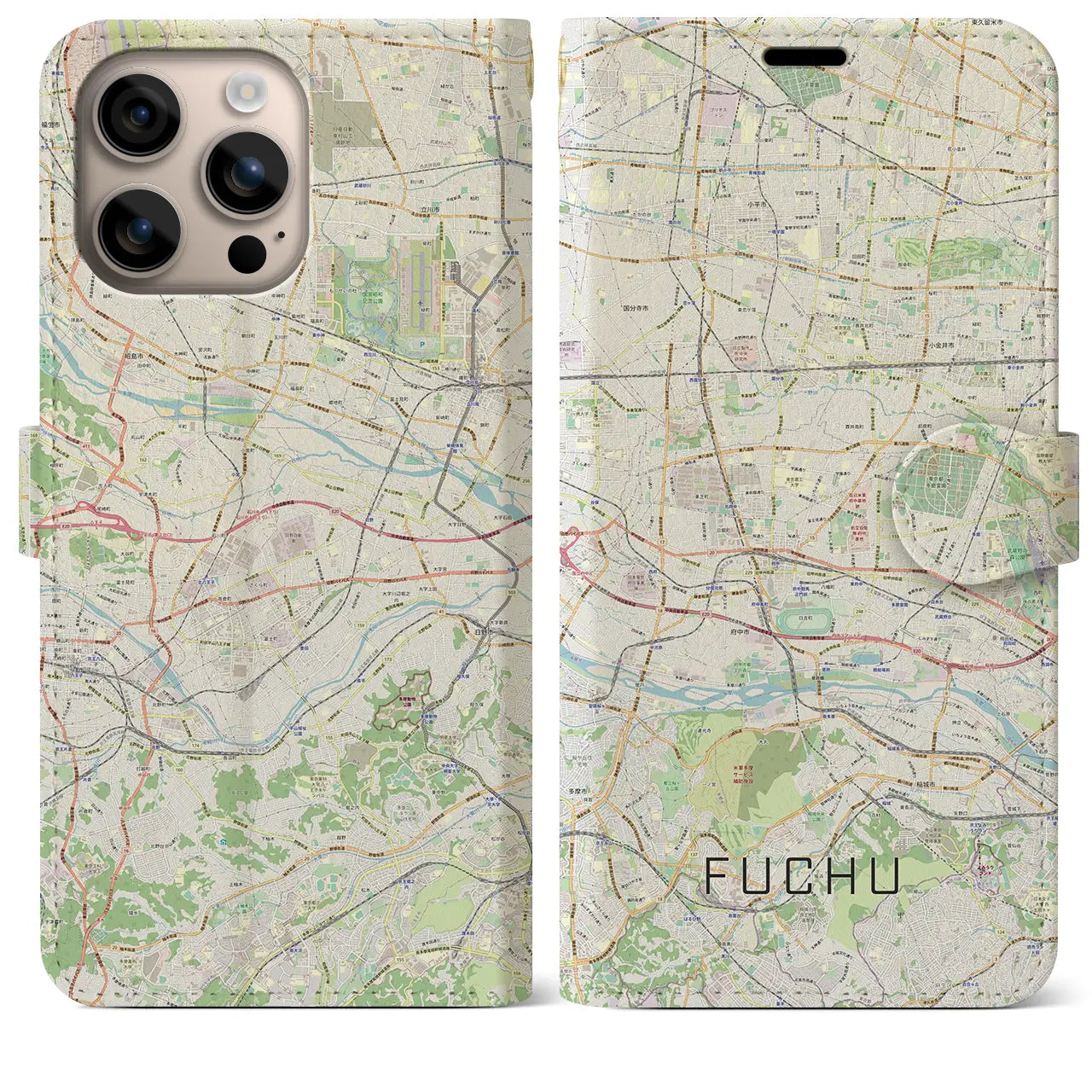 【府中2(東京都)】地図柄iPhoneケース(手帳タイプ)ナチュラル・iPhone 16 Plus 用