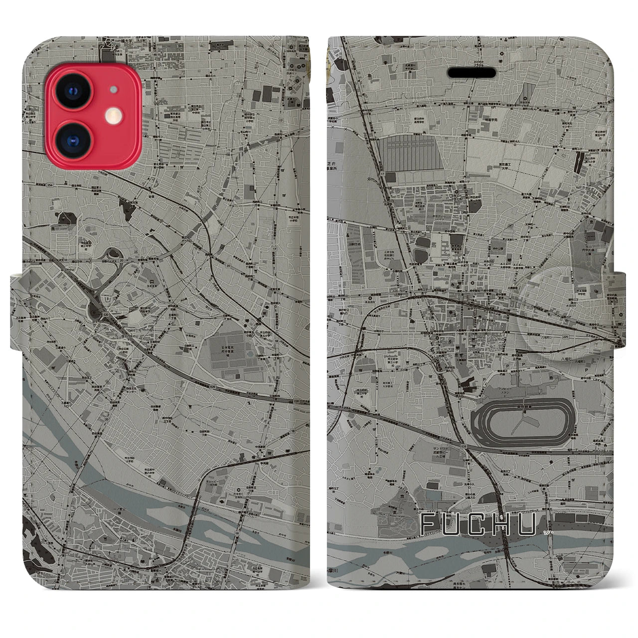 【府中(東京都)】地図柄iPhoneケース(手帳タイプ)モノトーン・iPhone 11 用