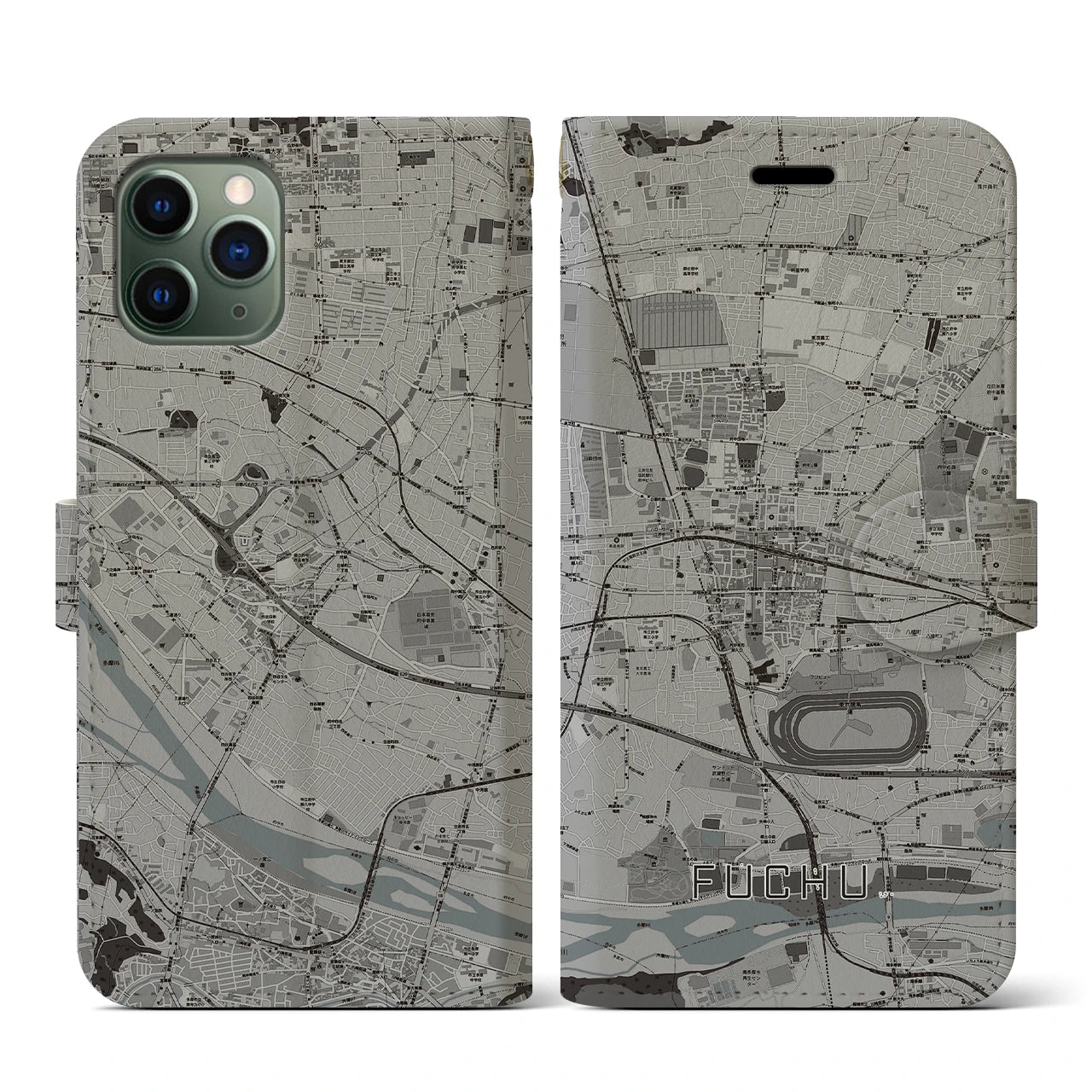 【府中(東京都)】地図柄iPhoneケース(手帳タイプ)モノトーン・iPhone 11 Pro 用