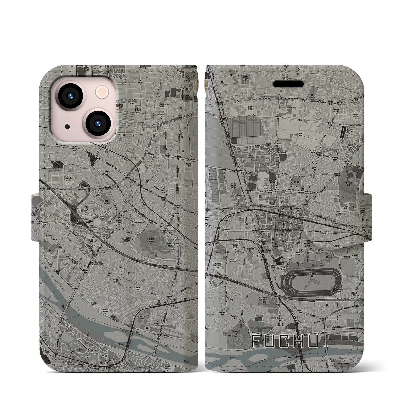 【府中(東京都)】地図柄iPhoneケース(手帳タイプ)モノトーン・iPhone 13 mini 用