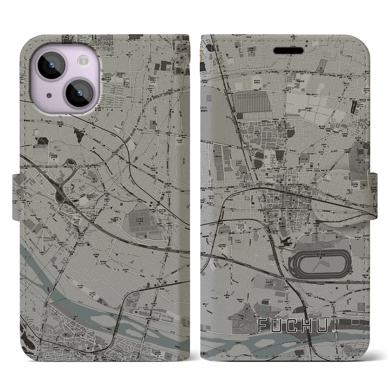 【府中(東京都)】地図柄iPhoneケース(手帳タイプ)モノトーン・iPhone 14 用