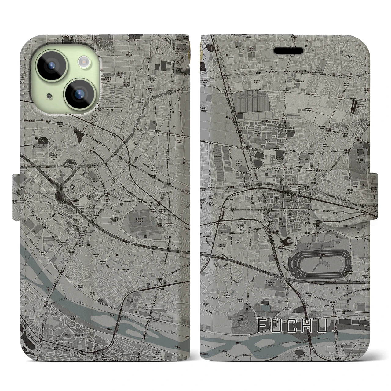 【府中(東京都)】地図柄iPhoneケース(手帳タイプ)モノトーン・iPhone 15 用