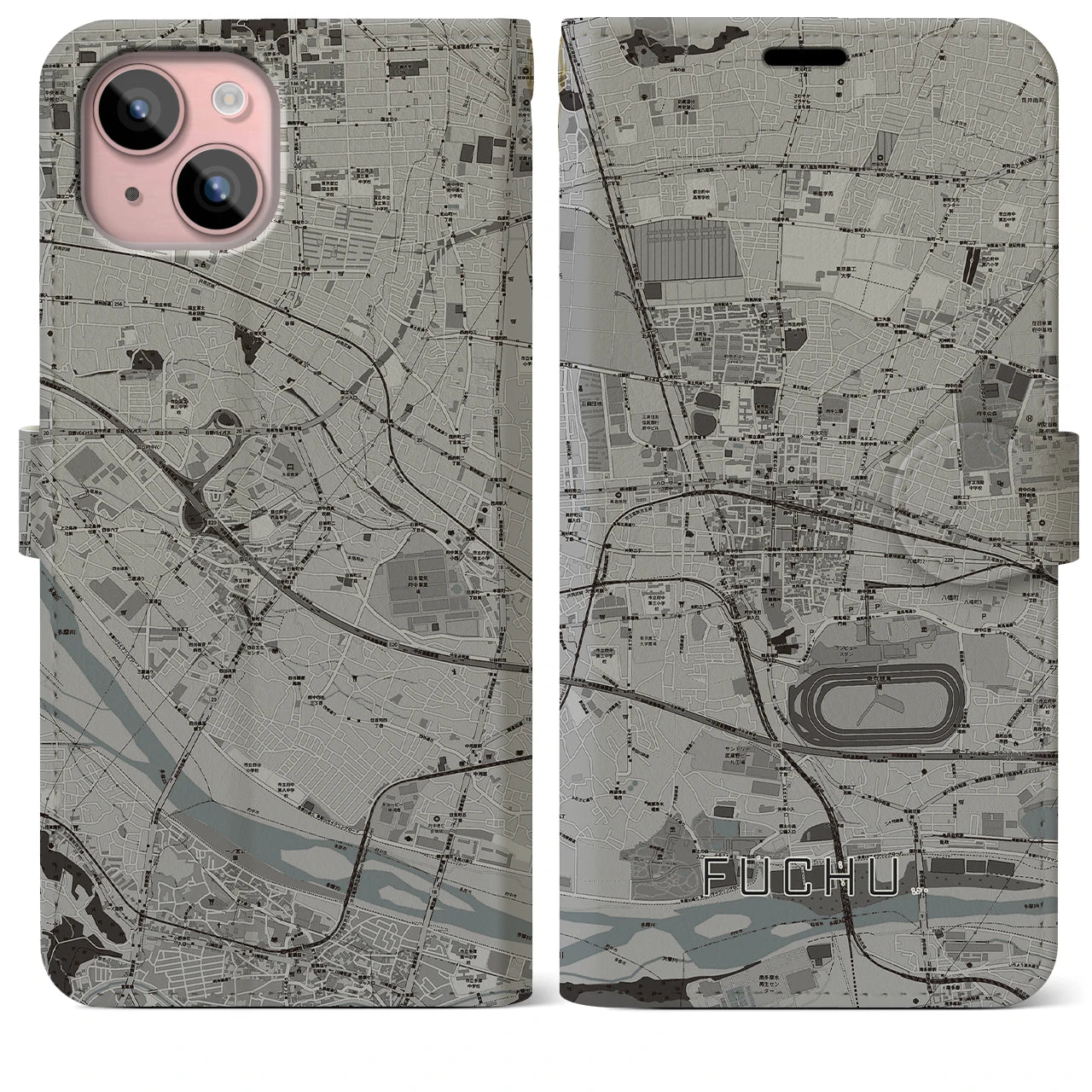 【府中(東京都)】地図柄iPhoneケース(手帳タイプ)モノトーン・iPhone 15 Plus 用