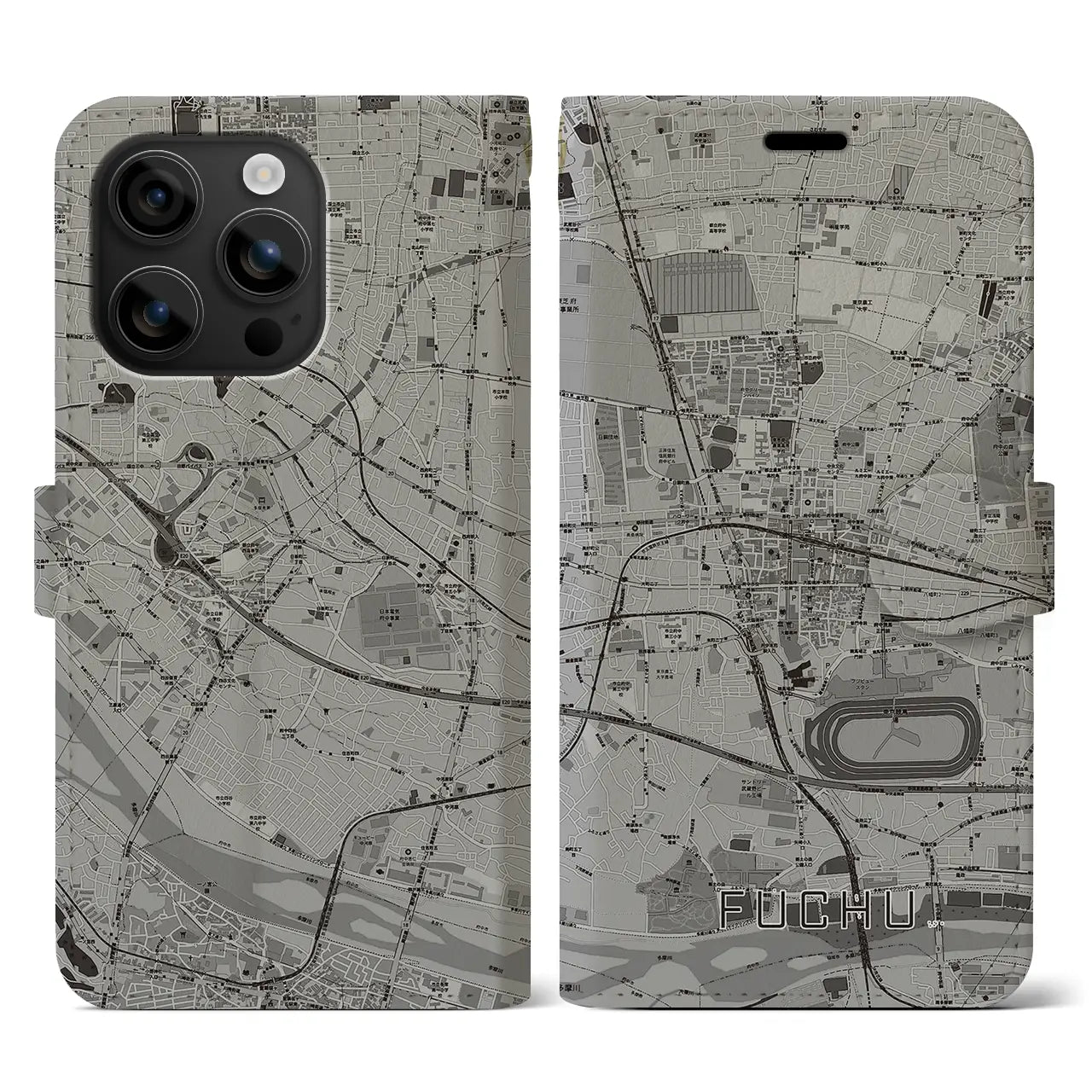 【府中(東京都)】地図柄iPhoneケース(手帳タイプ)モノトーン・iPhone 16 用