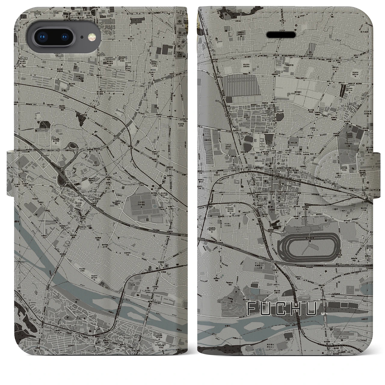 【府中(東京都)】地図柄iPhoneケース(手帳タイプ)モノトーン・iPhone 8Plus /7Plus / 6sPlus / 6Plus 用