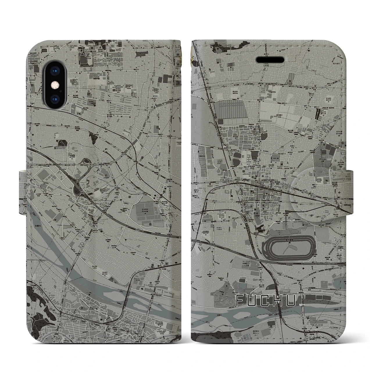 【府中(東京都)】地図柄iPhoneケース(手帳タイプ)モノトーン・iPhone XS / X 用