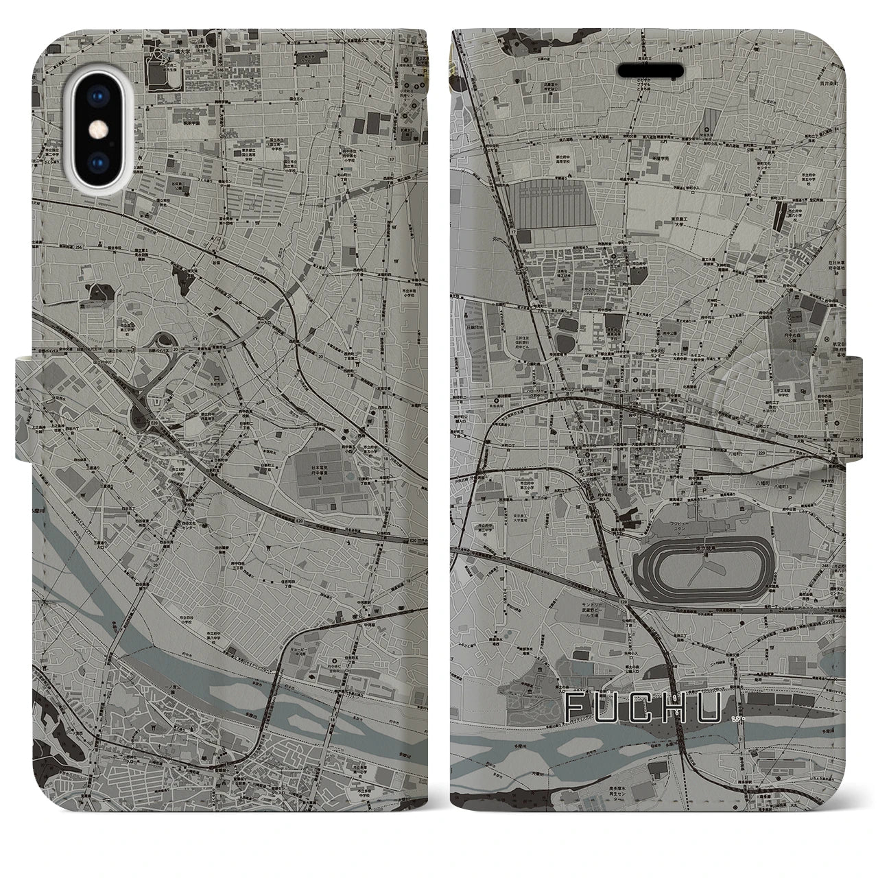 【府中(東京都)】地図柄iPhoneケース(手帳タイプ)モノトーン・iPhone XS Max 用
