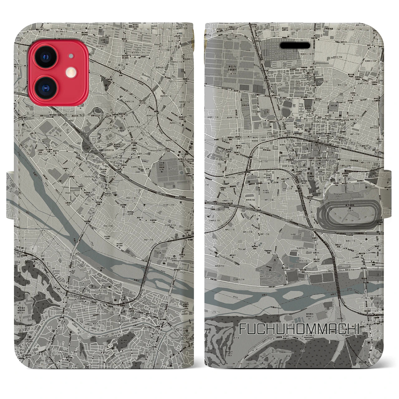 【府中本町(東京都)】地図柄iPhoneケース(手帳タイプ)モノトーン・iPhone 11 用