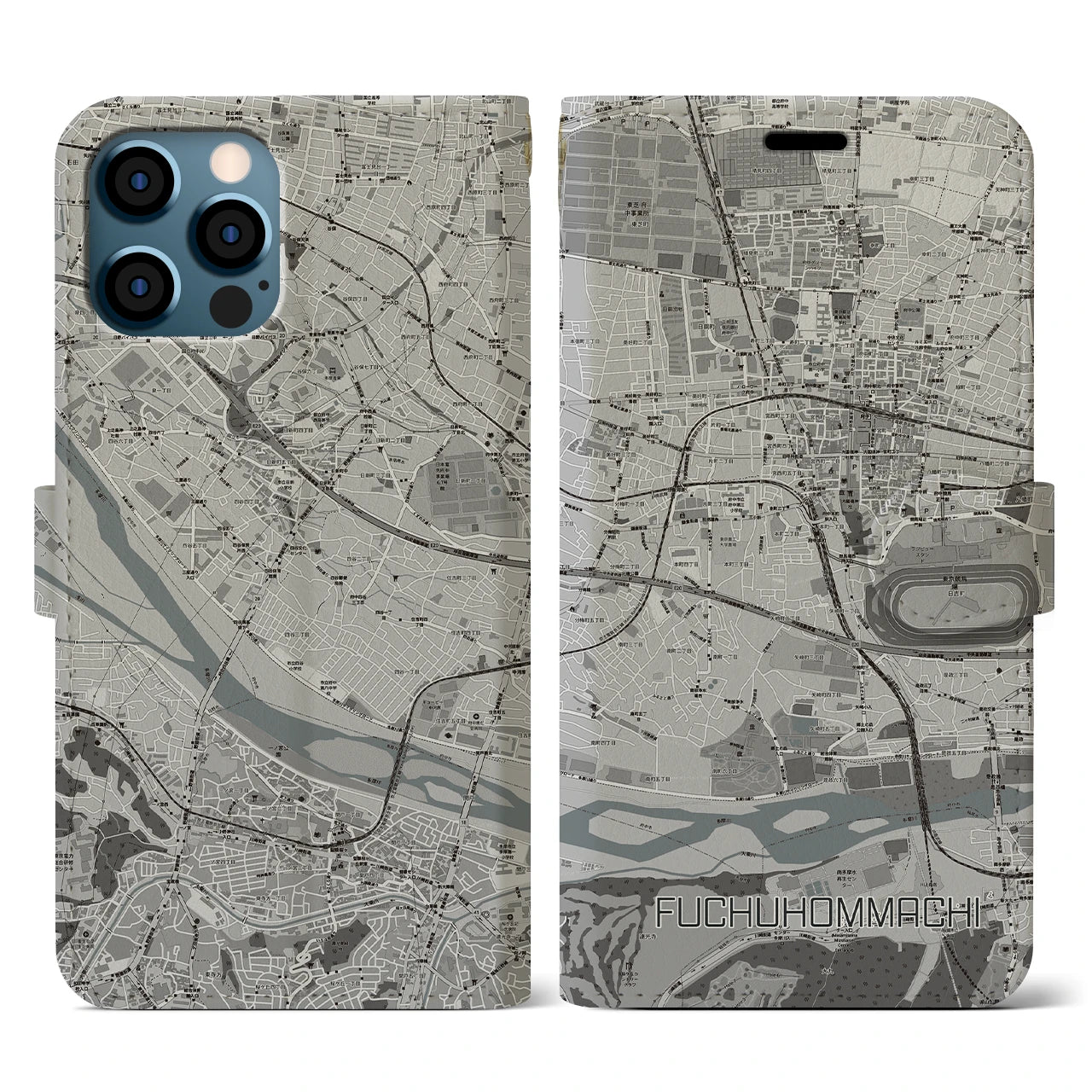 【府中本町(東京都)】地図柄iPhoneケース(手帳タイプ)モノトーン・iPhone 12 / 12 Pro 用
