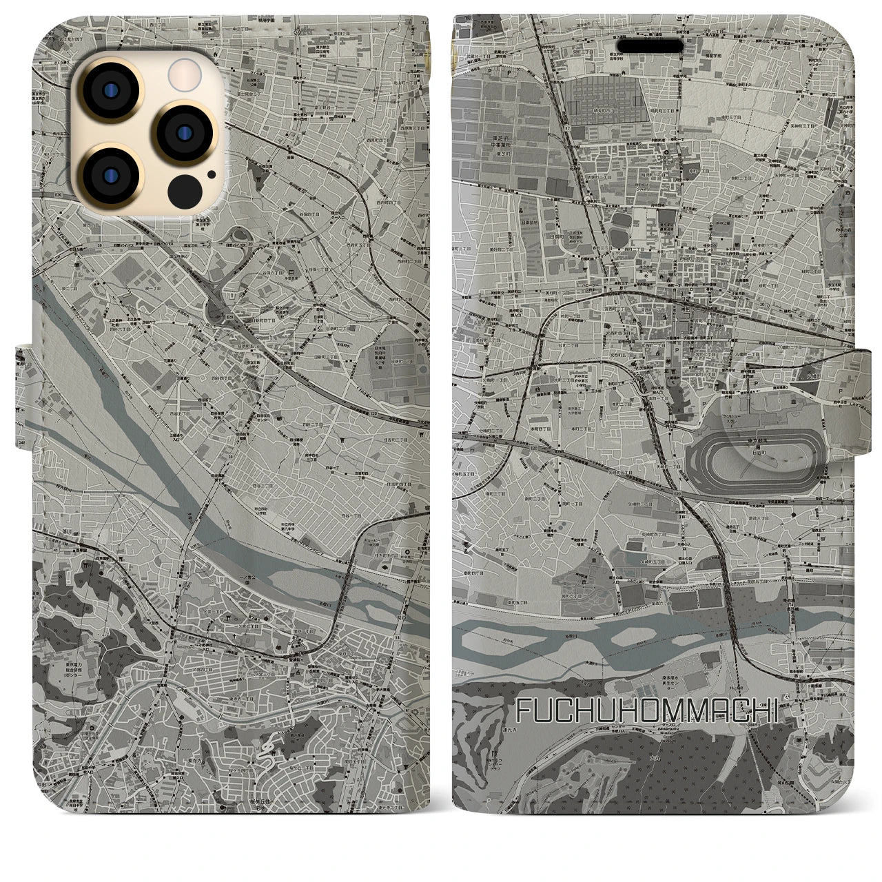 【府中本町(東京都)】地図柄iPhoneケース(手帳タイプ)モノトーン・iPhone 12 Pro Max 用