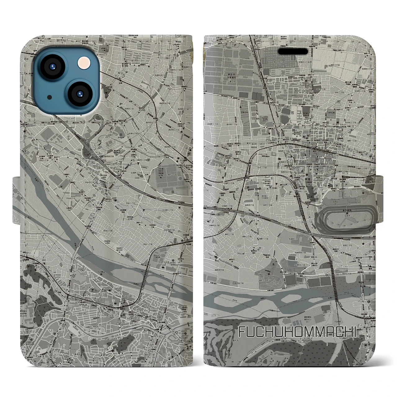 【府中本町(東京都)】地図柄iPhoneケース(手帳タイプ)モノトーン・iPhone 13 用